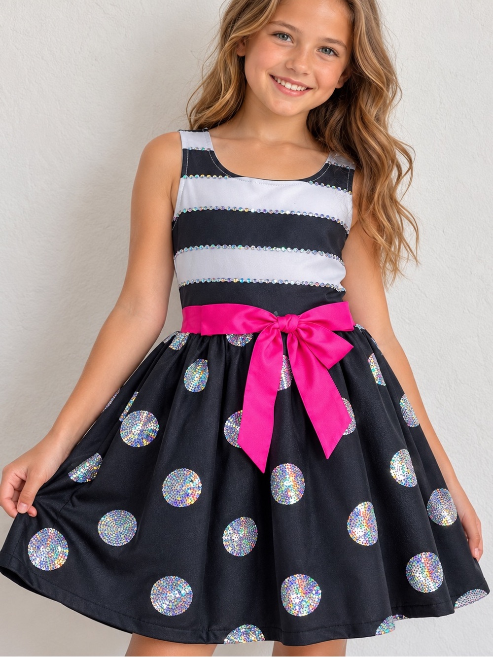 Justice Girls Size 10 Black & White Sequin Polka Dot Party Dress with Pink Bow